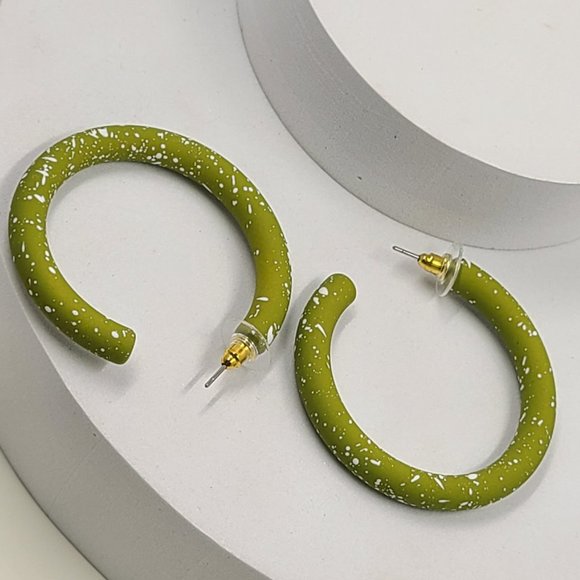 2" White Splatter Paint Olive Green Matte Hoop Earrings - Picture 4 of 11